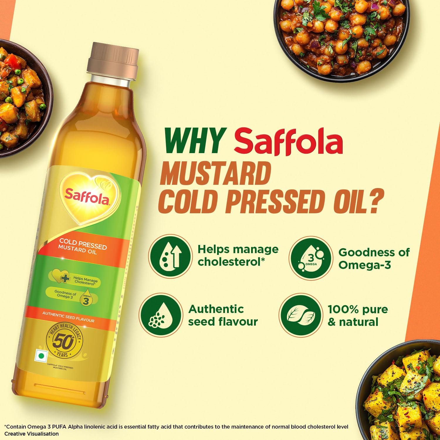 Saffola Cold Pressed Mustard Oil | 100% Cold Pressed Mustard Seed Oil | Kachi ghani Mustard Oil, 0 trans fat, Unrefined, Chemical free | Helps Manage Cholesterol, Goodness of Omega 3 with Authentic Seed Flavour | 1L Pet Bottle