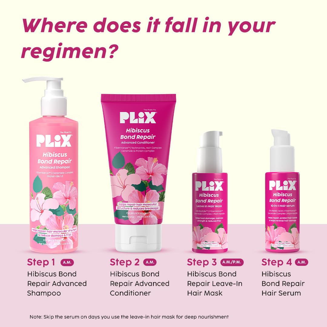 PLIX- THE PLANT FIX Hibiscus Strength & Repair Hair Care Kit | Shampoo (200ml) + Conditioner (175ml) + Leave-In Hair Mask (50ml) | 3X Stronger Hair | Reduces Breakage, Split Ends & Frizz