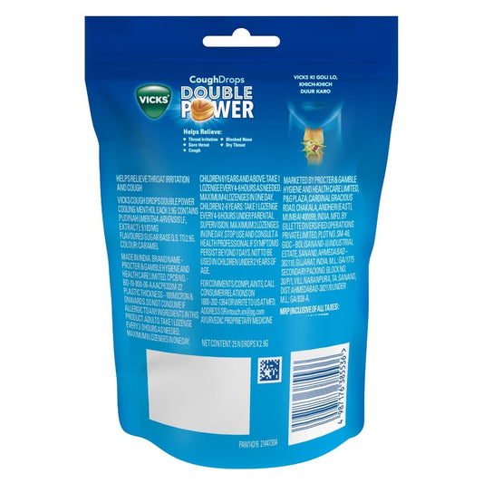 Vicks Cough Drops Double Power (Bag of 25) With Ayurvedic Ingredients for Fast Relief from Throat Irritation & Cough, Cooling Mentholflavour