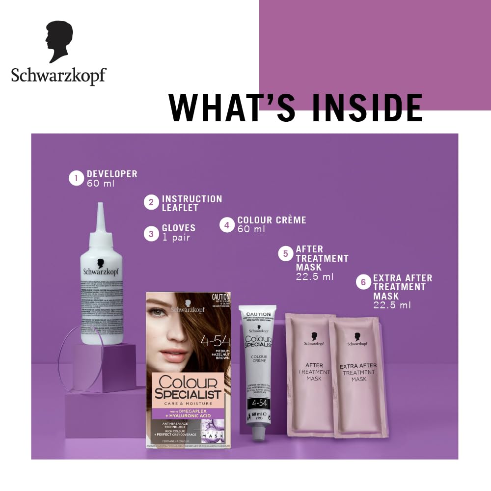 Schwarzkopf Colour Specialist At Home Permanent Hair Colour With Omegaplex Anti-Breakage Technology And Hyaluronic Acid With 2 After Repair Masks For Softer Hair, 4.54 Medium Hazelnut Brown 165ml