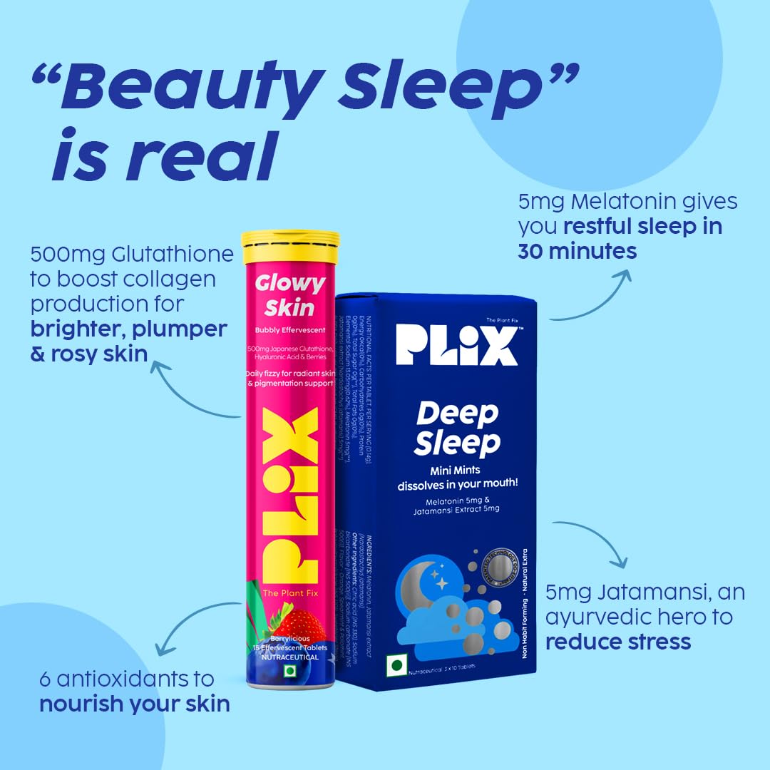 The Plant Fix Plix Beauty Sleep ComboDeep Sleep 30 Mini Mints with Melatonin for a Restful Sleep & Skin Glow Glutathione 15 Effervescent Tablets for Youthful & Glowy Skin,2 count,15 capsules