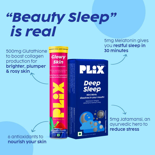 The Plant Fix Plix Beauty Sleep ComboDeep Sleep 30 Mini Mints with Melatonin for a Restful Sleep & Skin Glow Glutathione 15 Effervescent Tablets for Youthful & Glowy Skin,2 count,15 capsules