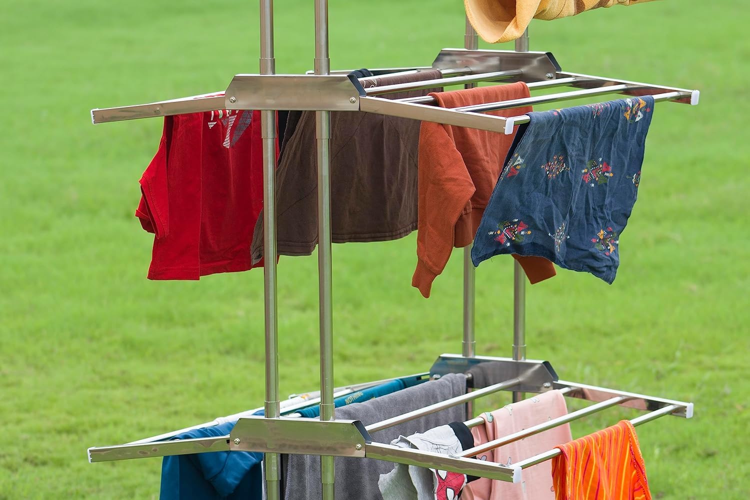 3 Tier 304 Stainless Steel Foldable Cloth Dryer Stand | Heavy Duty Rust-Proof Movable Clothes Drying Rack for Balcony & Indoor Use