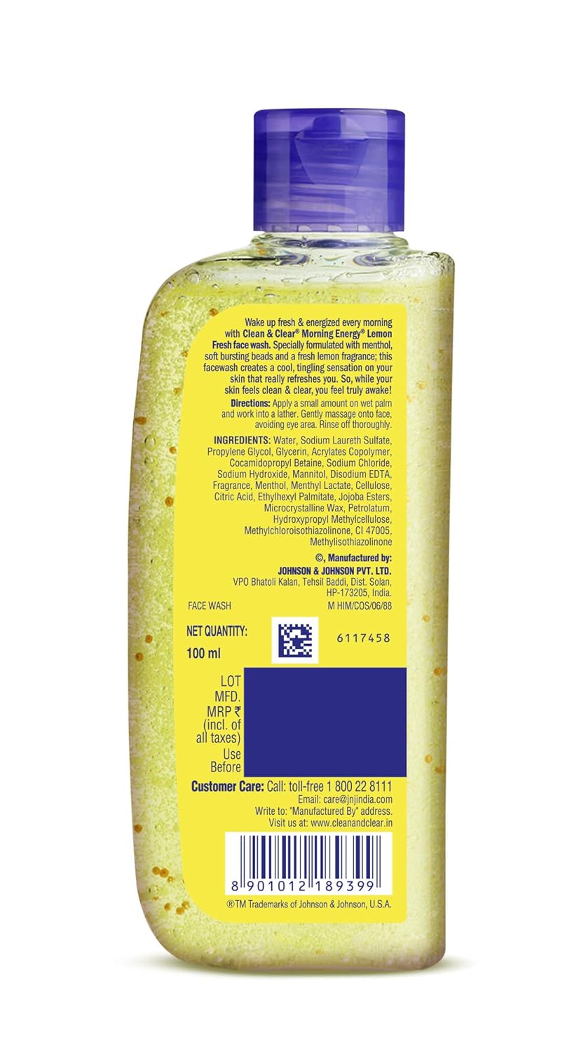 Clean & Clear Morning Energy Lemon Fresh, Yellow, 100 ml For cleansing your skin and leaving it Clean & Clear