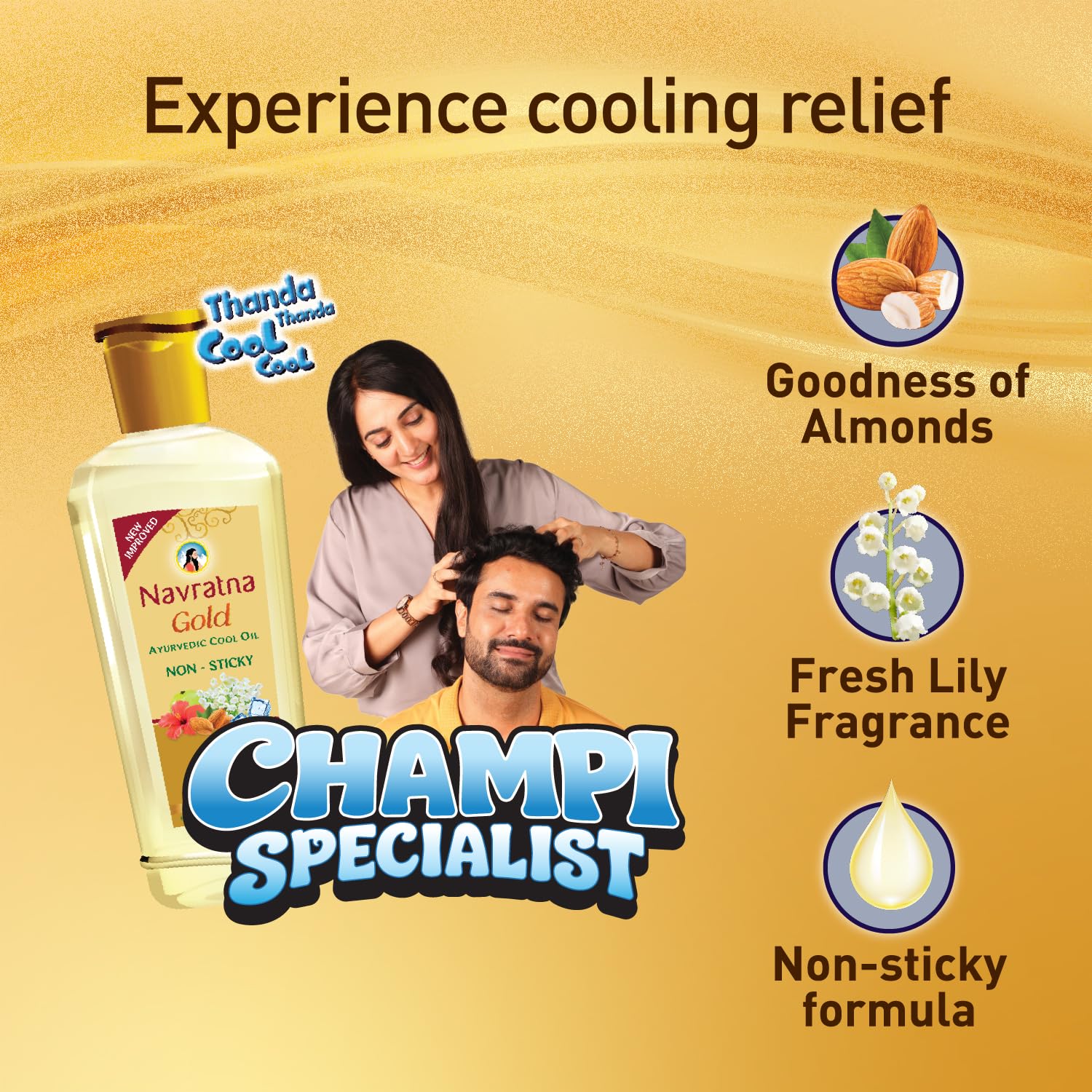 Navratna Gold Ayurvedic Cool Oil | Goodness of Almonds | Non-Sticky and Fresh Lily Fragrance | 200ml
