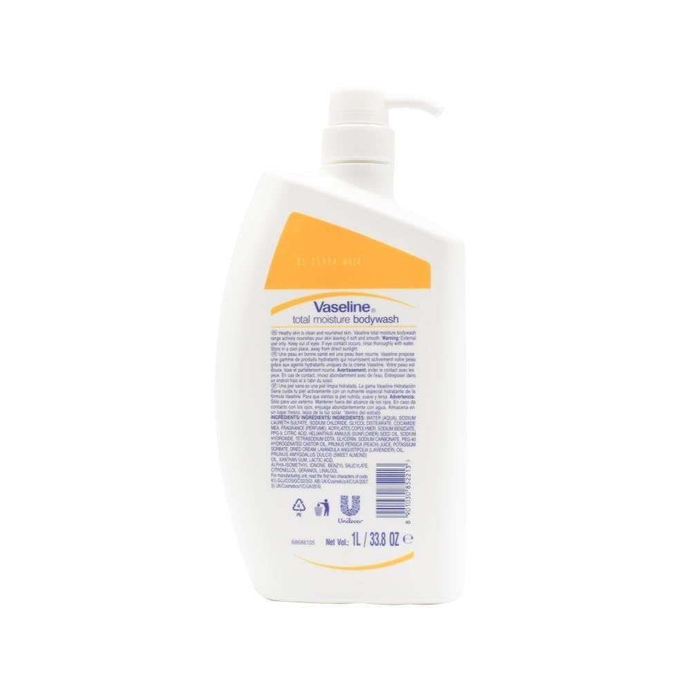 Vaseline Total Moisture Body Wash Pump Bottle for Healthy, Fresh Skin, Washes Away Dirt & Impurities, Fights Dryness, Easy to Rinse, Gentle 1L
