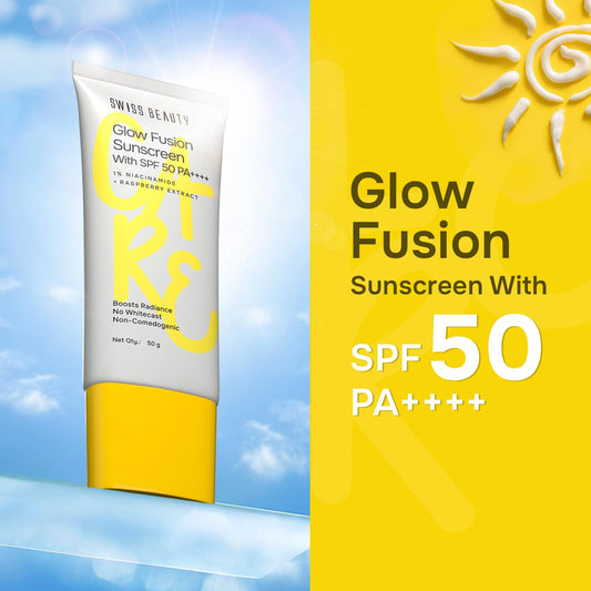 Swiss Beauty Care Glow Fusion Sunscreen SPF50 PA++++ | 1% Niacinamide & Raspberry Extract | Boosts Radiance | Fights Premature Signs Of Aging | 50gm