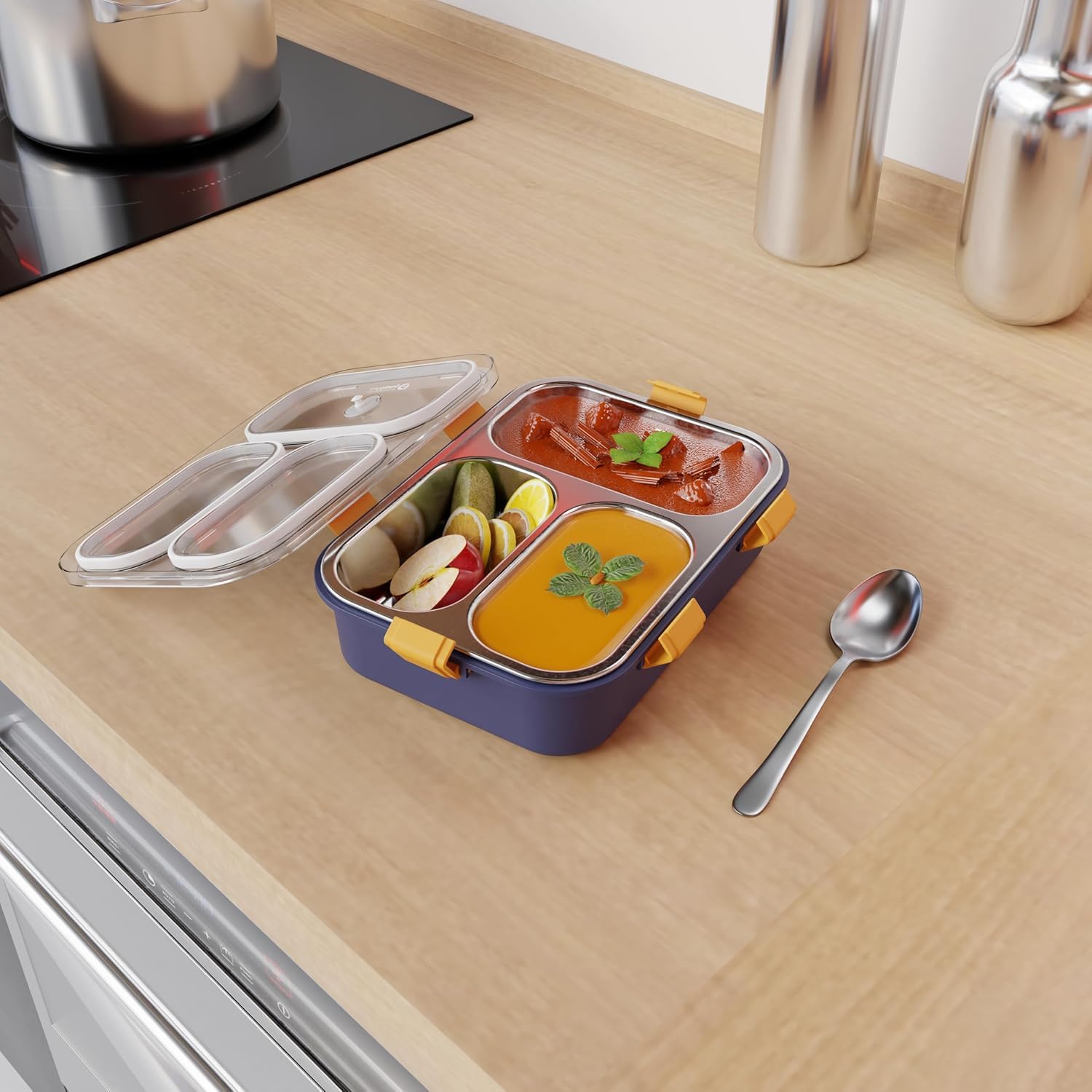 3-Compartment Stainless Steel Lunch Box for - Leakproof, Airtight Tiffin Box, 750ml, Pack of 1 (Blue) | Portion Control & Travel-Friendly