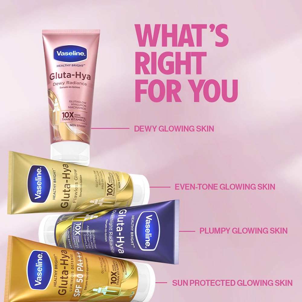 VASELINE Gluta Hya Dewy Radiance Body Lotion, 330 ml, for Dewy Glowing Skin from 1st Use, with Glutathione, Hyaluron & Niacinamide, Non-Sticky Serum Burst Texture, for Women