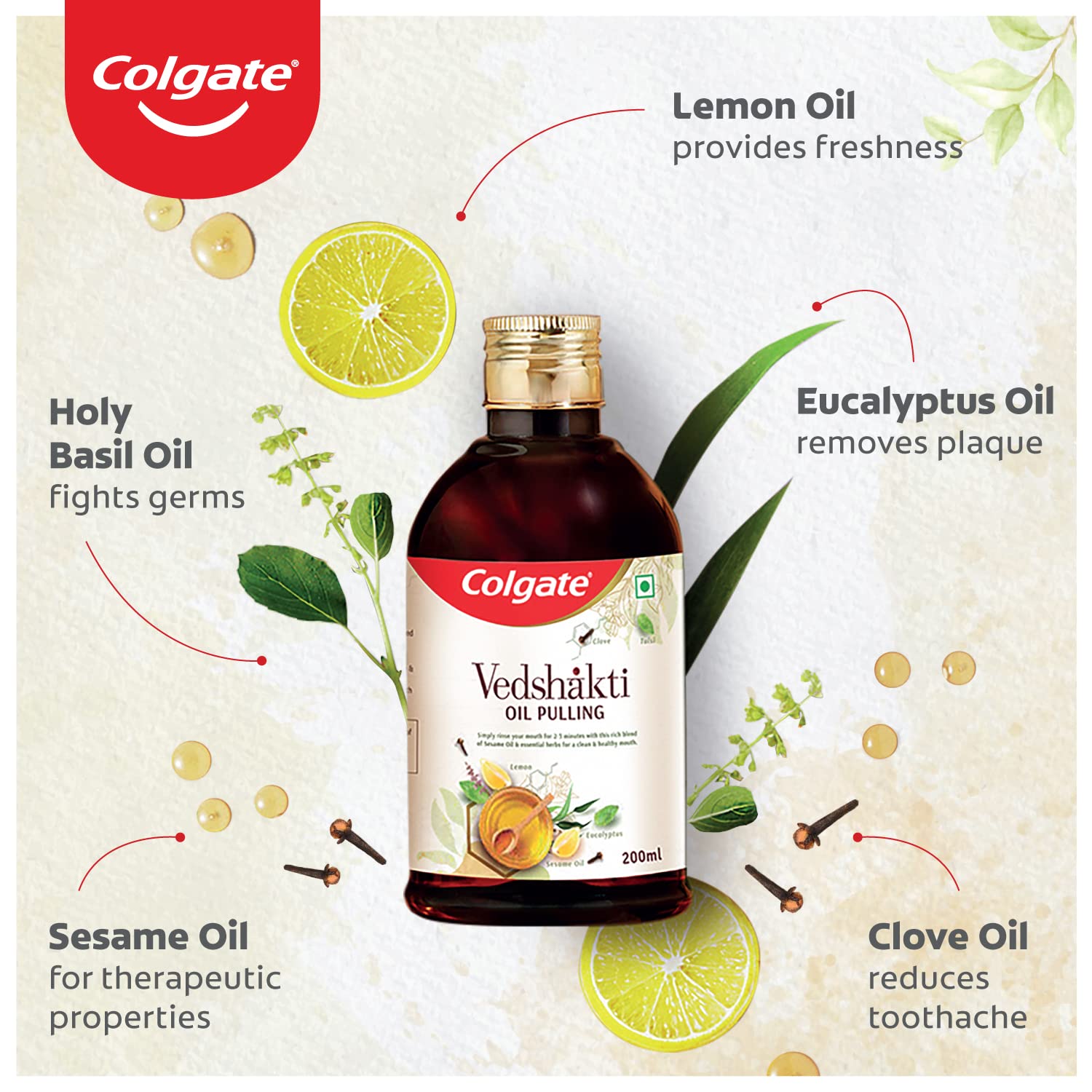 Colgate Vedshakti Oil Pulling 200ml with Clove, Lemon For oral health, keeping oral diseases at bay