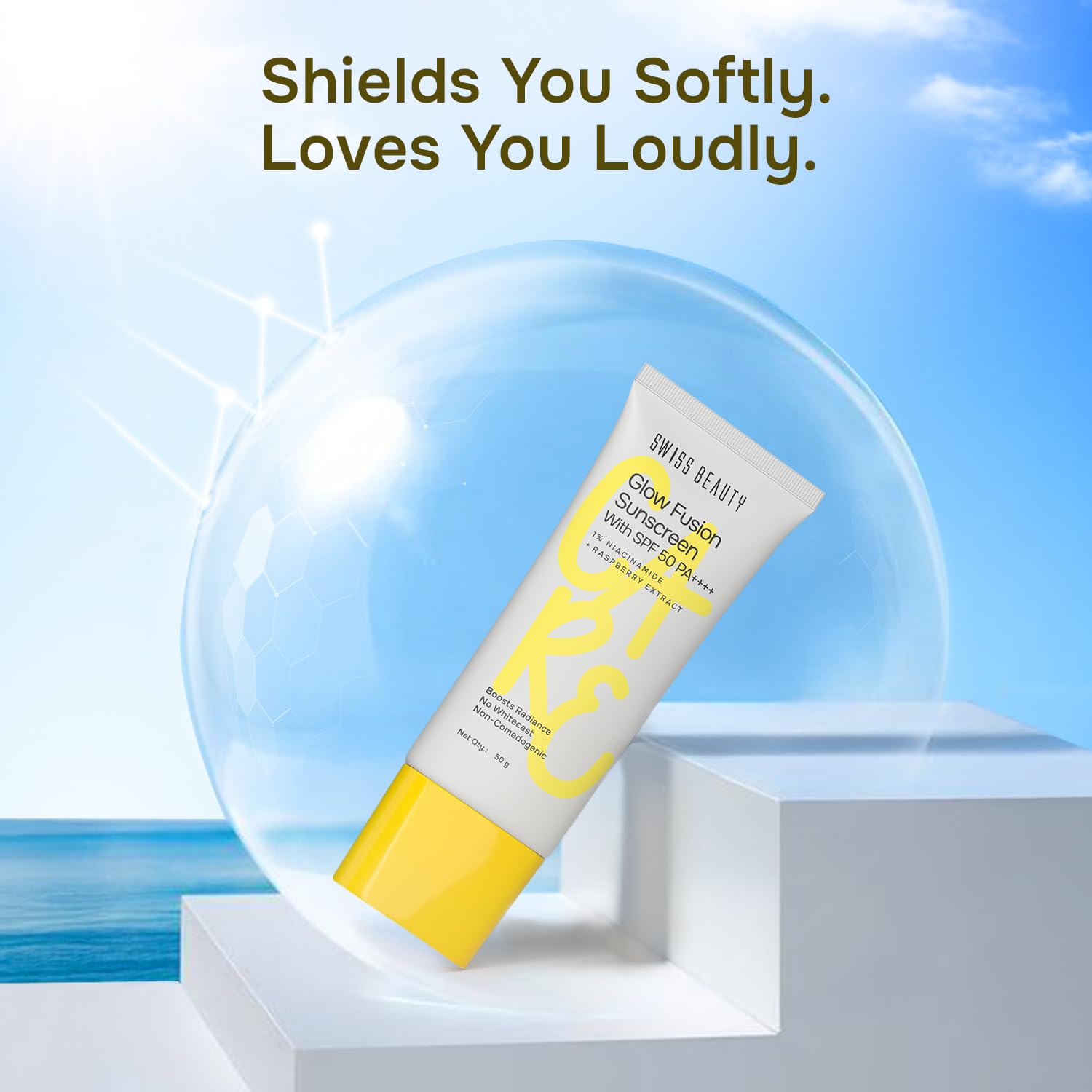 Swiss Beauty Care Glow Fusion Sunscreen SPF50 PA++++ | 1% Niacinamide & Raspberry Extract | Boosts Radiance | Fights Premature Signs Of Aging | 50gm