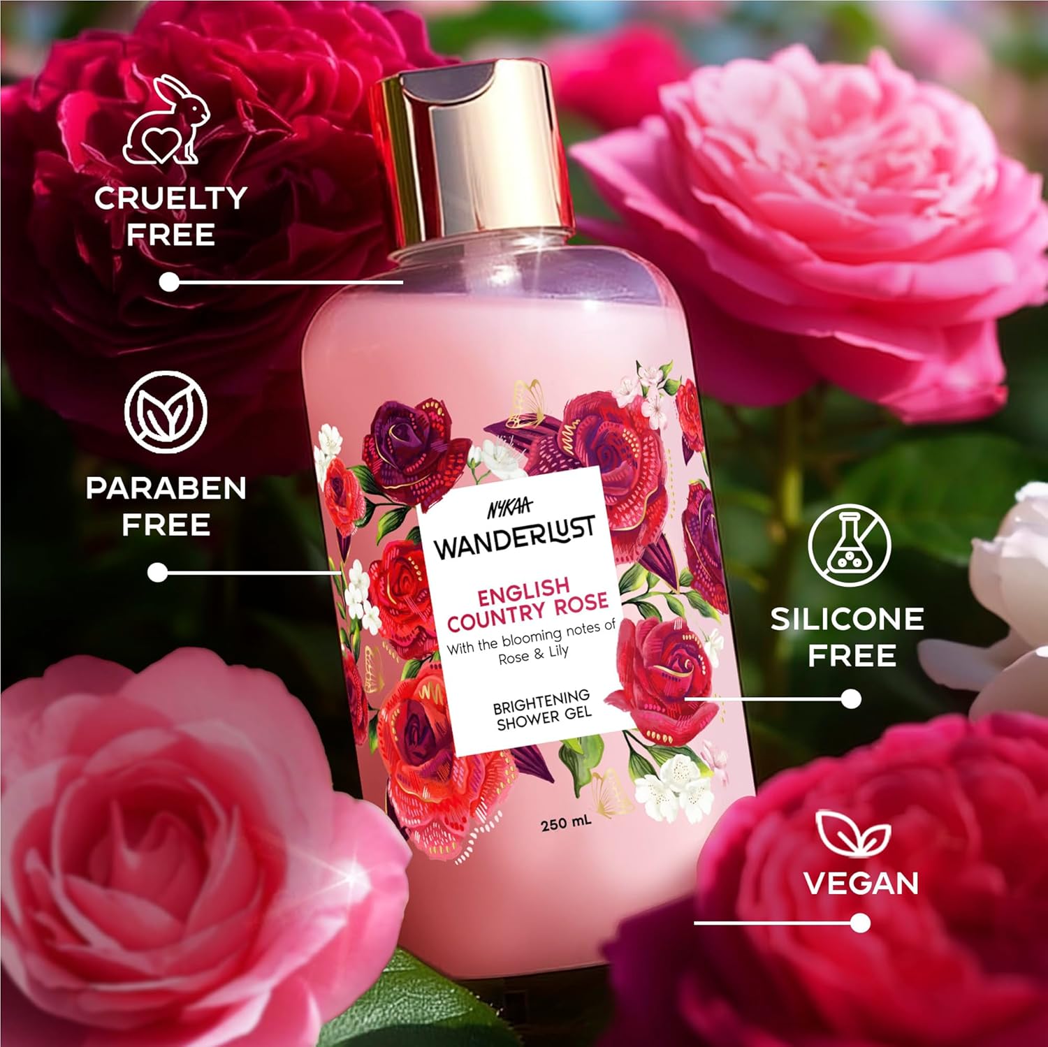 Nykaa Wanderlust English Country Rose Body Wash for Women | Hydrating & Barrier Repair with Vitamin E & Glycerine | Gentle Cleanser for Nourished, Refreshing Skin | 250ml | Paraben-Free & Vegan