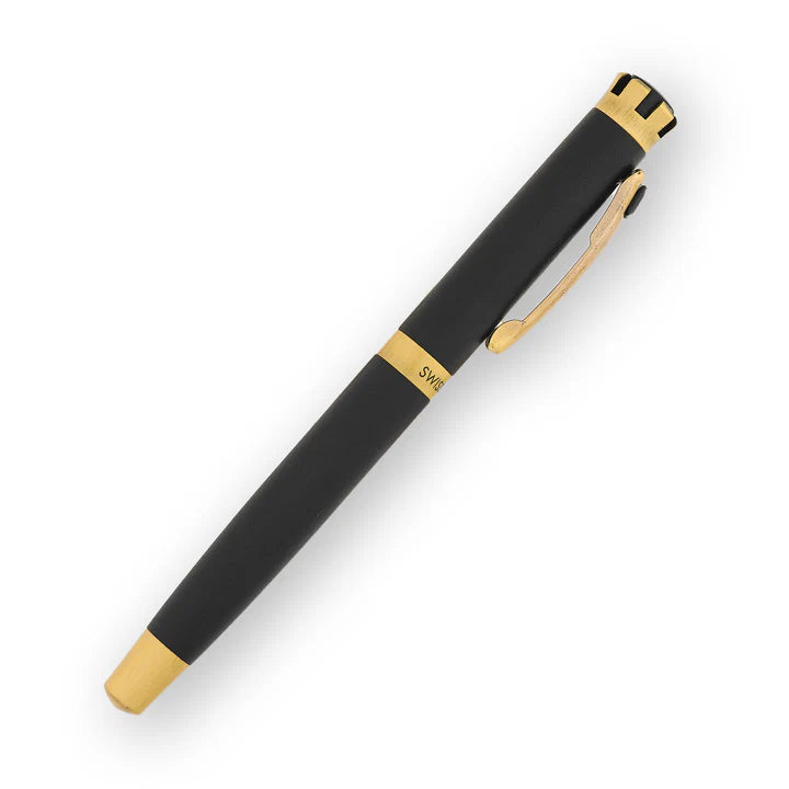 SWISSBRAND Eternia 2510 Matte black gold Fountain Pen with black gem embedded in the gold trim