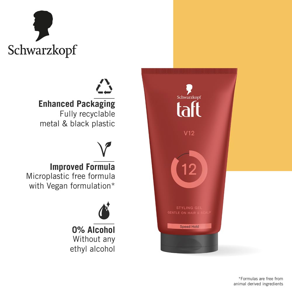 Schwarzkopf TAFT Power V12 Hair Gel With Speed Hold Technology |Fast Drying formulation| Moisturising formula| Non-stick & Easy to Wash off| No Alcohol, No Sulphate |Vegan & Peta approved - 150ML