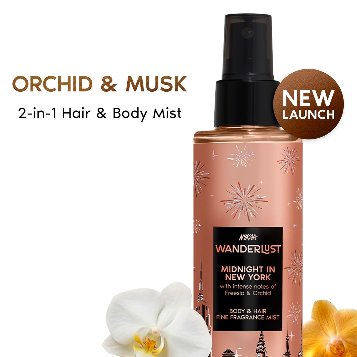 Nykaa Wanderlust Midnight in New York Body & Hair Fine Fragrance I | Perfume Mist for Women – 200 ml I Orchid & Musk |