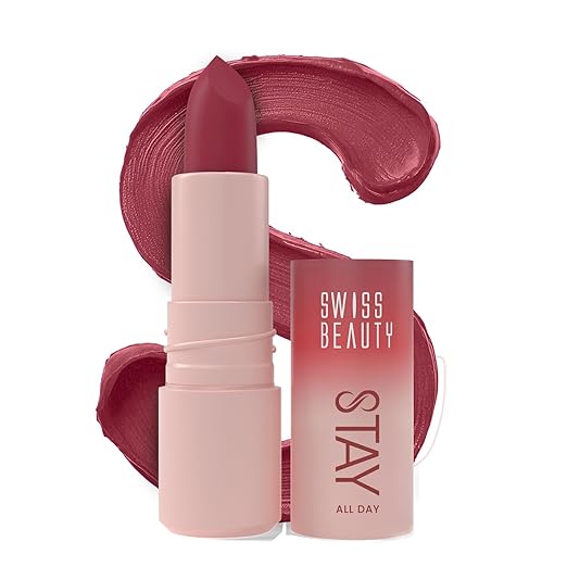 Swiss Beauty Stay All Day Lipstick | 12-Hour Stay | Transfer-Proof | Matte Finish | With Vitamin E & Shea Butter | Shade- 3. Chirpy, 4g