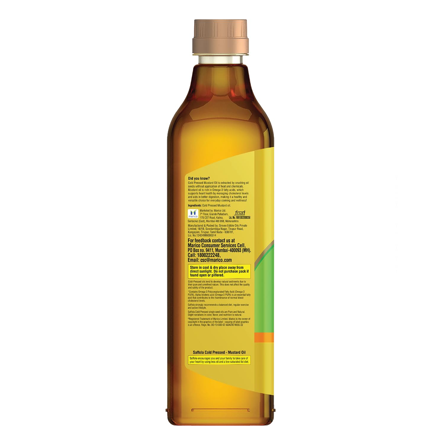 Saffola Cold Pressed Mustard Oil | 100% Cold Pressed Mustard Seed Oil | Kachi ghani Mustard Oil, 0 trans fat, Unrefined, Chemical free | Helps Manage Cholesterol, Goodness of Omega 3 with Authentic Seed Flavour | 1L Pet Bottle