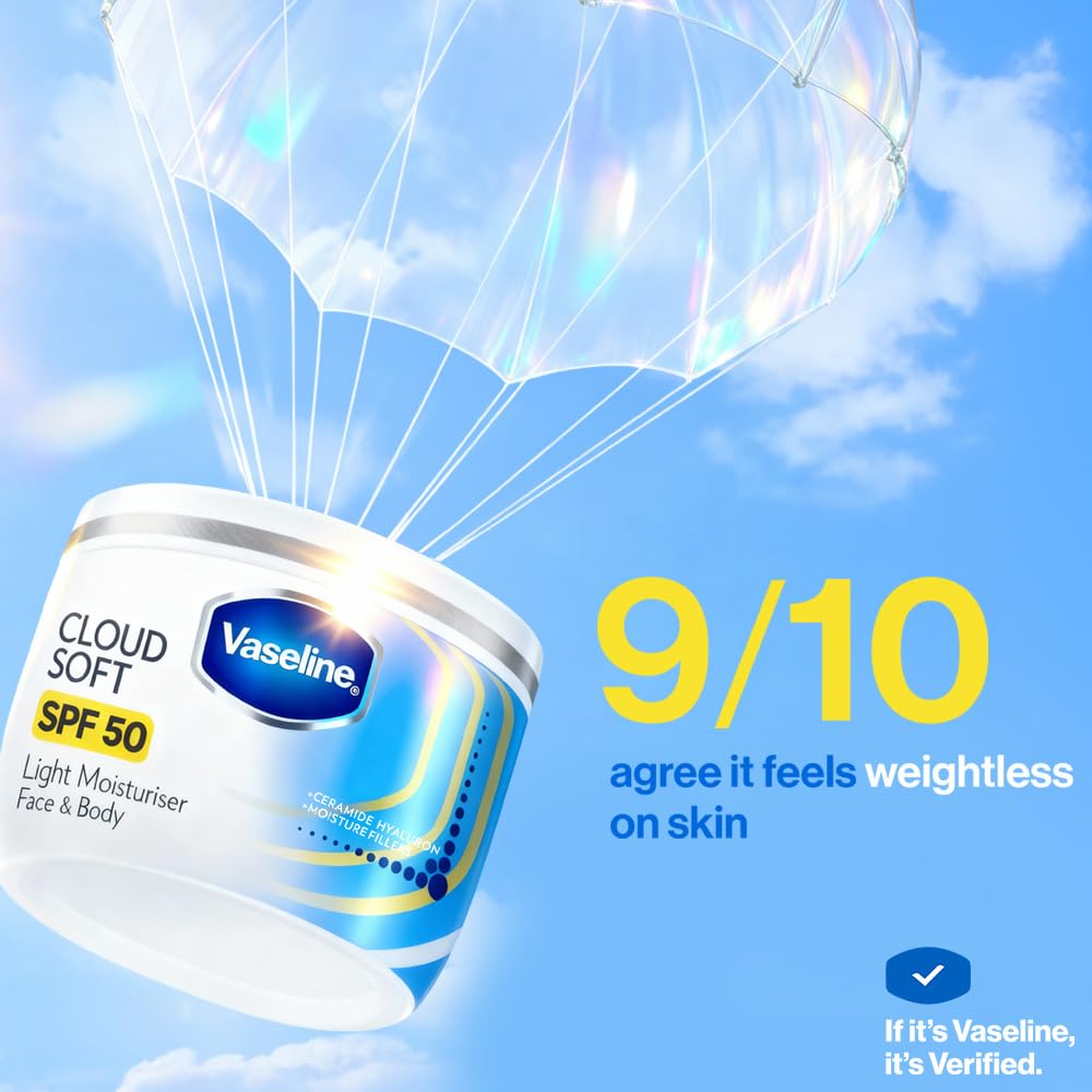 VASELINE Cloud Soft SPF 50 PA ++++ Light Moisturiser, 100 ml, for Soft and Bouncy Skin, with Ceramides & Hyaluron Moisture Fillers, Non-Sticky and Lightweight, Broad Spectrum Protection