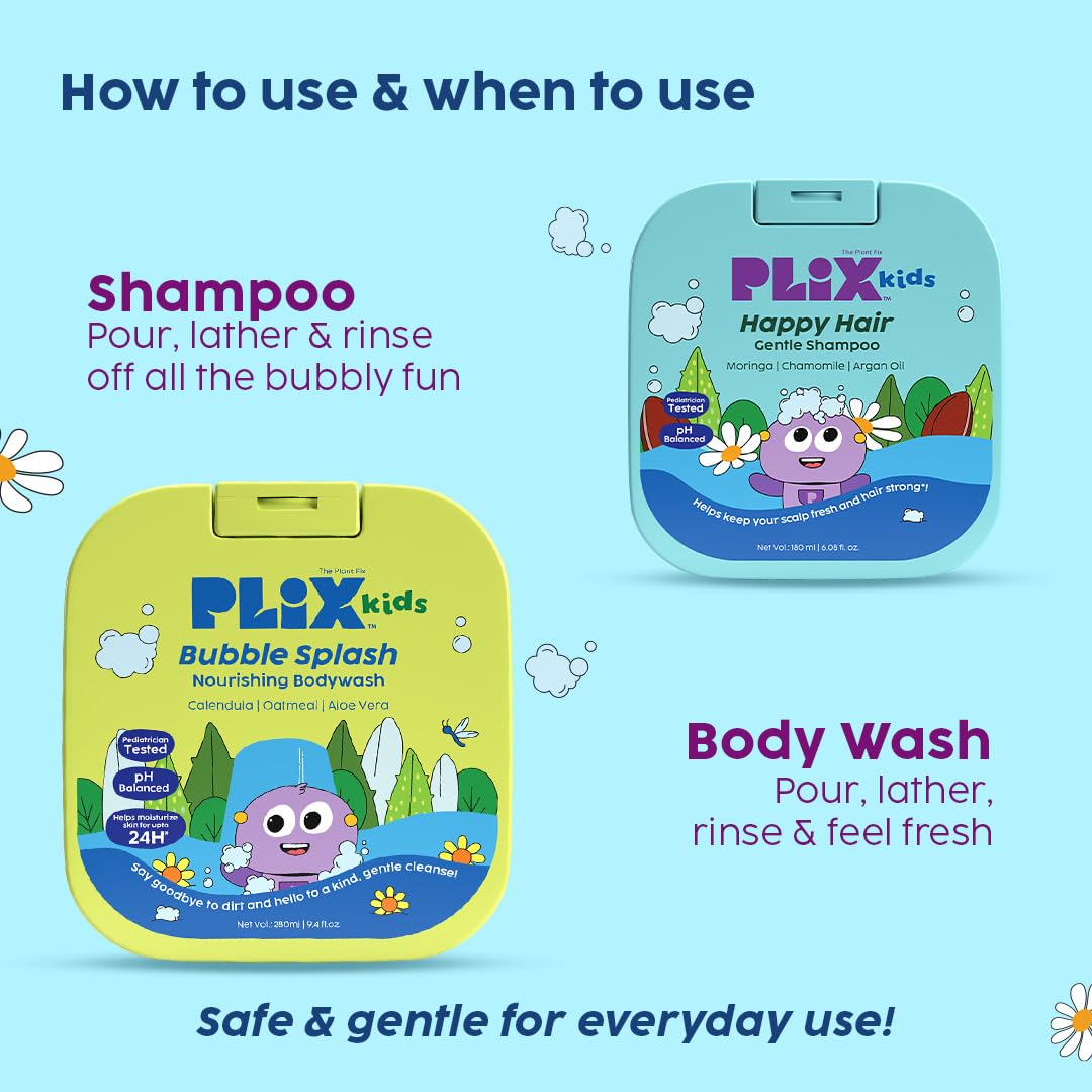 PLIX - THE PLANT FIX Kids™ Happy Hair Gentle Shampoo & Bubble Splash Body Wash | Gentle Cleansing | Deep Hydration & Nourishment | Pediatrician Approved | For Kids 2-6 Years