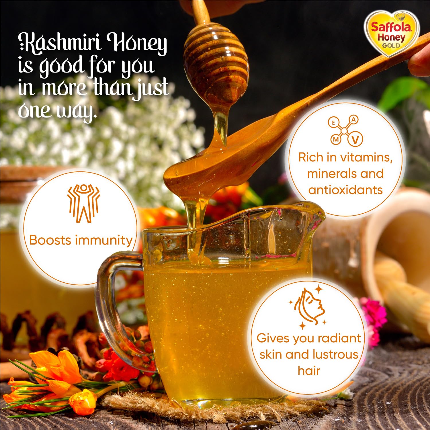 Saffola Honey Gold, 100% Pure Honey, Made with Kashmir Honey, 1Kg