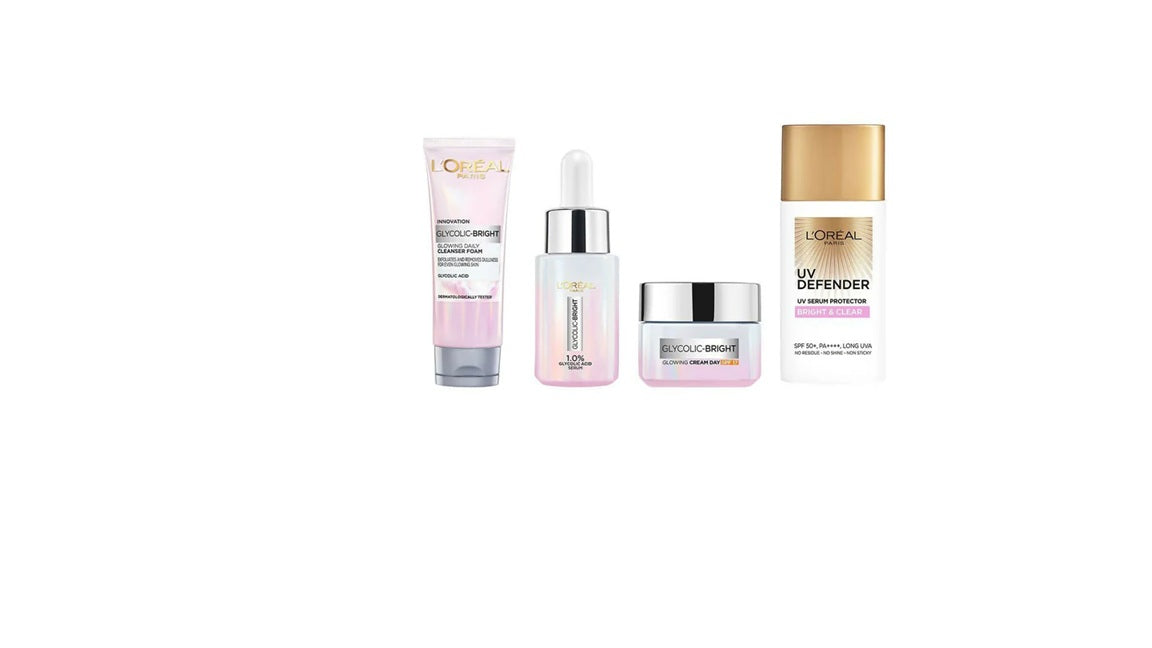 LOreal Paris Glycolic Acid Glowing And Protecting CSMS (Cleanser, Serum, Moisturizer, Sunscreen) Regime Kit - kit