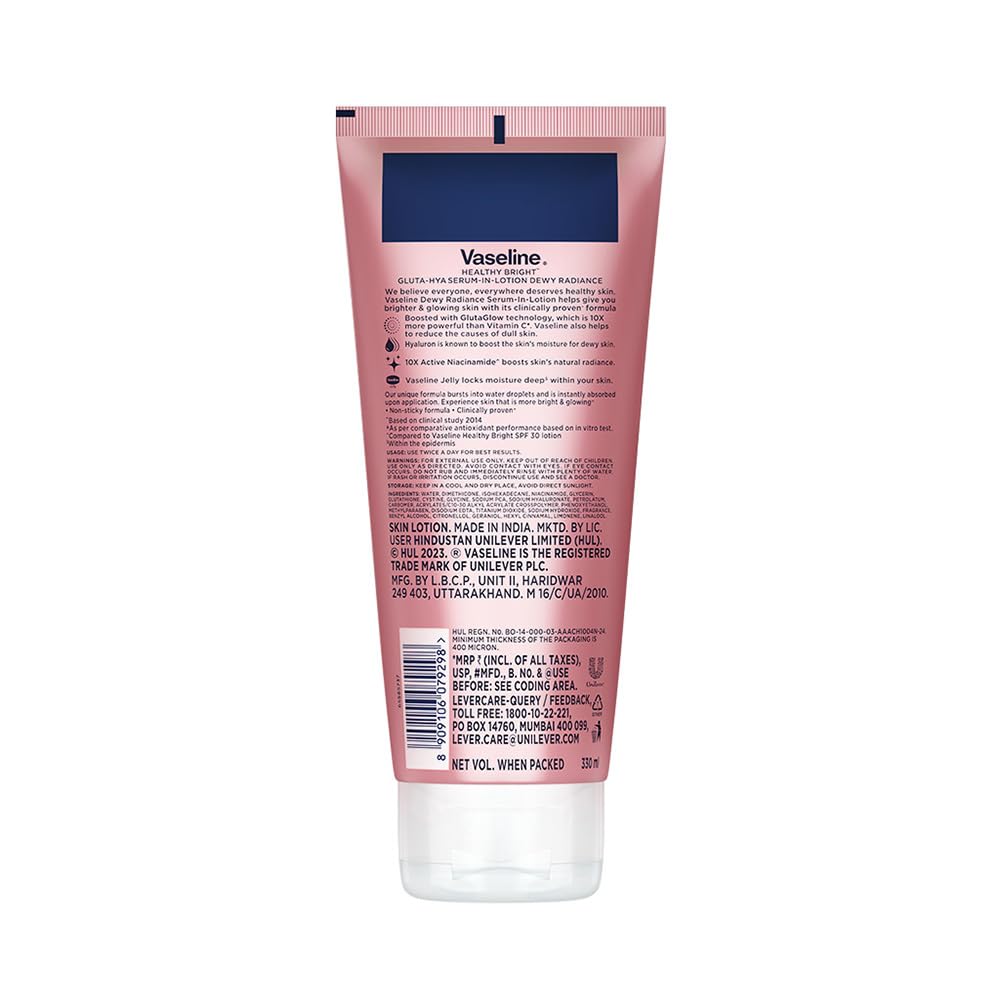 VASELINE Gluta Hya Dewy Radiance Body Lotion, 330 ml, for Dewy Glowing Skin from 1st Use, with Glutathione, Hyaluron & Niacinamide, Non-Sticky Serum Burst Texture, for Women