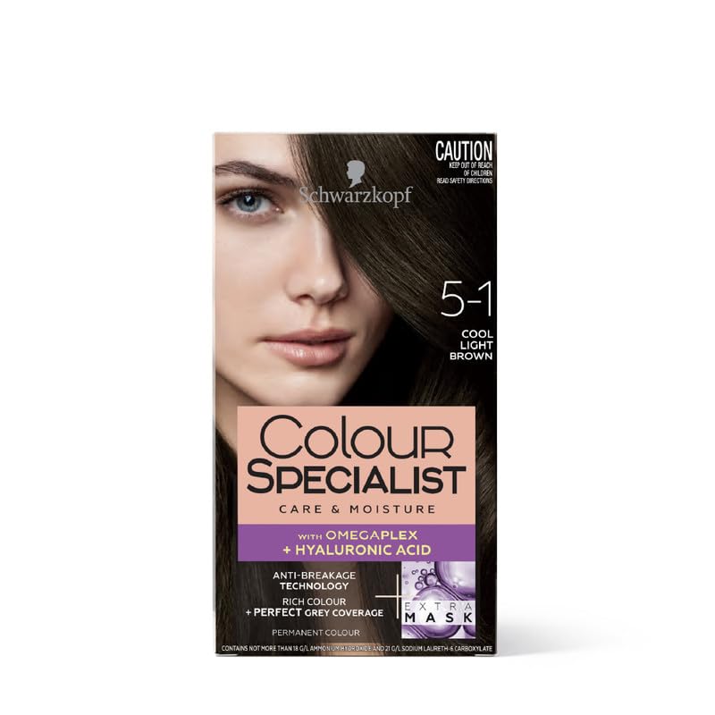 Schwarzkopf Colour Specialist At Home Permanent Hair Colour With Omegaplex Anti-Breakage Technology And Hyaluronic Acid With 2 After Colour Repair Masks For Softer Hair, 5.1 Cool Light Brown, 165m