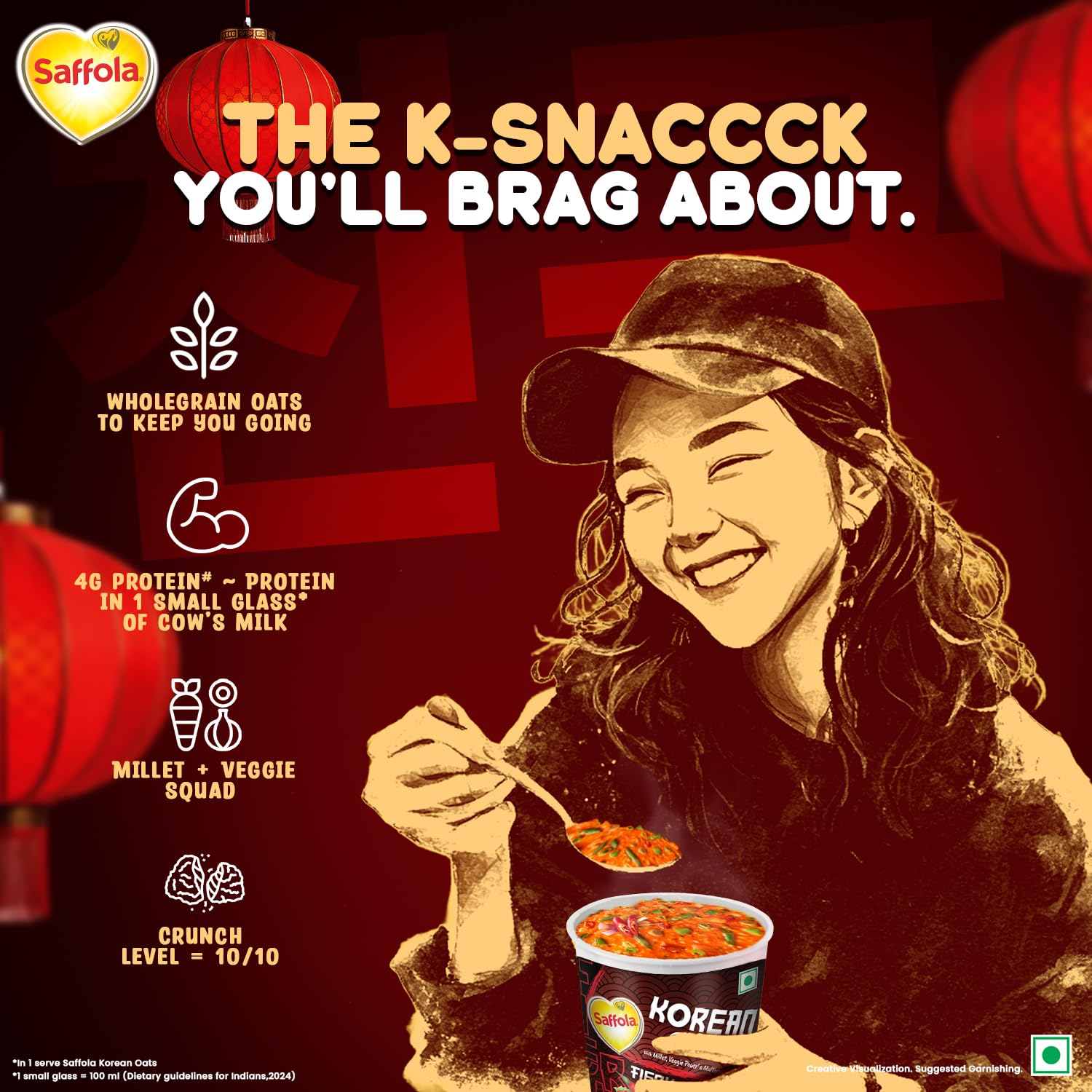 Saffola Korean Cuppa Oats, Fiery Hot, with chilli dressing sachet, No added preservatives, Ready in 4 mins, 56g (Pack of 2)