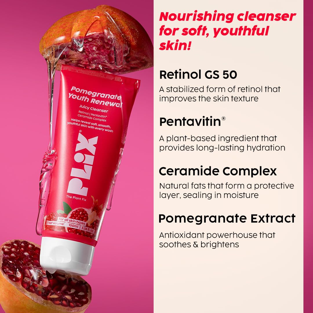 PLIX Pomegranate Youth Renewal Face Care Combo | Juicy Cleanser & Retinol Cream | Reduces Fine Lines & Wrinkles | With Retinol GS 50, Bakuchi Oil & Pentavitin
