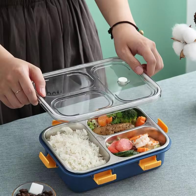 3-Compartment Stainless Steel Lunch Box for - Leakproof, Airtight Tiffin Box, 750ml, Pack of 1 (Blue) | Portion Control & Travel-Friendly