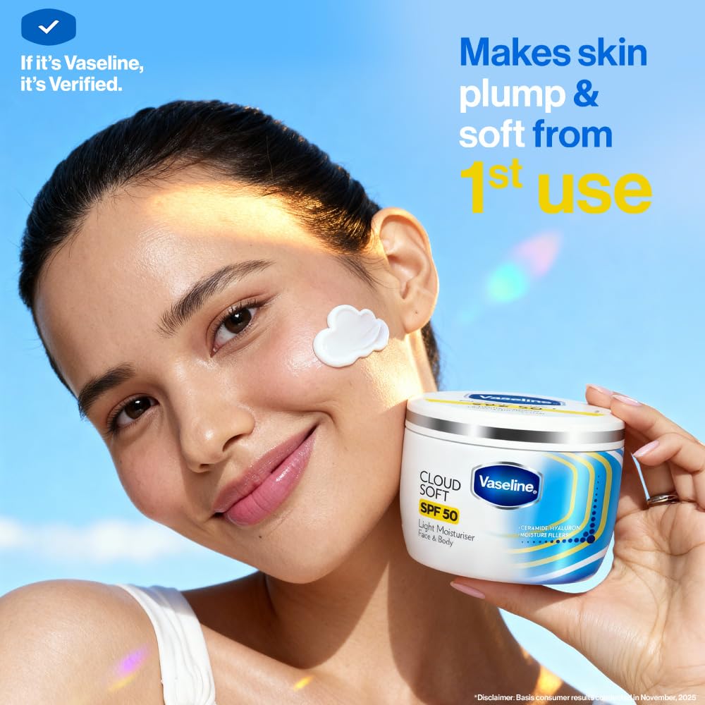 VASELINE Cloud Soft SPF 50 PA ++++ Light Moisturiser, 100 ml, for Soft and Bouncy Skin, with Ceramides & Hyaluron Moisture Fillers, Non-Sticky and Lightweight, Broad Spectrum Protection