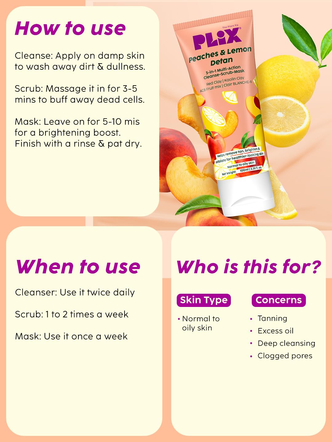 Plix - The Plant Fix Peaches & Lemon 3-in-1 Detan Face wash, Scrub & Mask