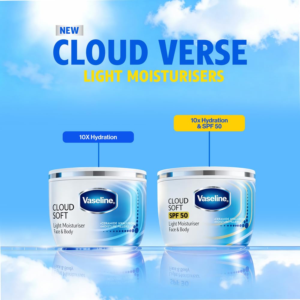 VASELINE Cloud Soft SPF 50 PA ++++ Light Moisturiser, 100 ml, for Soft and Bouncy Skin, with Ceramides & Hyaluron Moisture Fillers, Non-Sticky and Lightweight, Broad Spectrum Protection