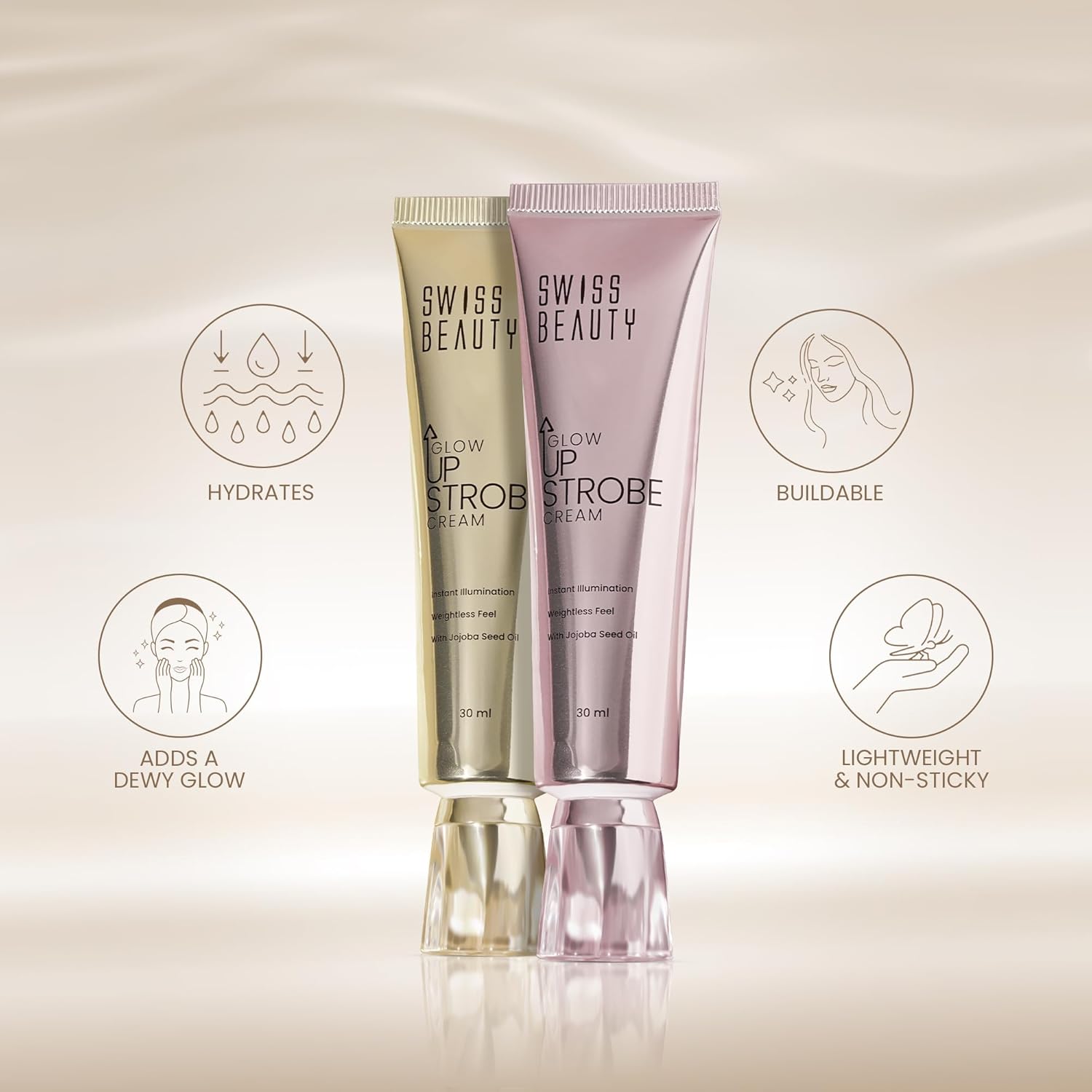 Swiss Beauty Glow Up Strobe Cream | Dewy Radiance | Hydrating | Versatile Use | With Jojoba Oil | For All Skin Types | 30ml, Shade- 1. Pink Twilight