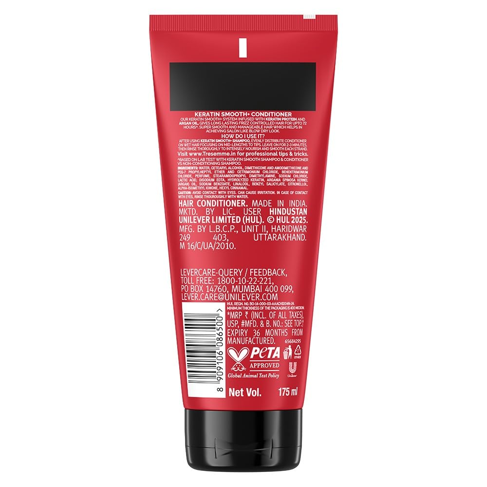 TRESemme Keratin Smooth Conditioner 190ml With Keratin Protein and Argan Oil | Salon-Like Smooth Hair | Up To 72H Frizz Control
