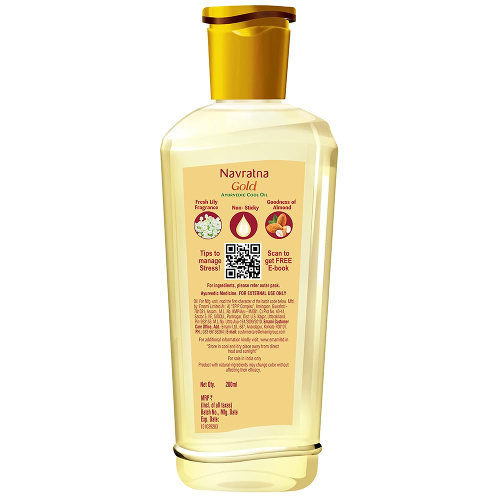 Navratna Gold Ayurvedic Cool Oil | Goodness of Almonds | Non-Sticky and Fresh Lily Fragrance | 200ml