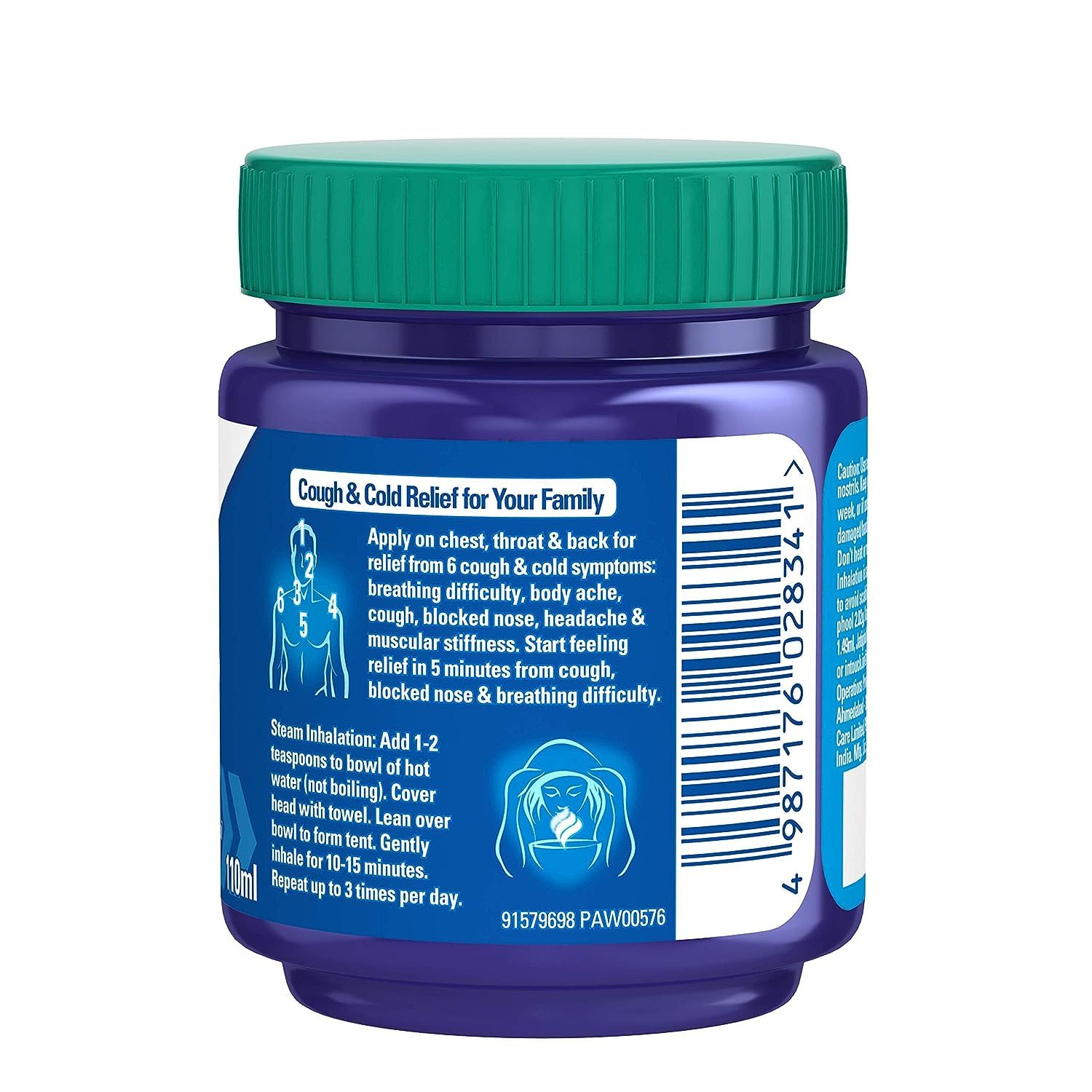 Vicks Vaporub 110ml, Relief From Cold, Cough, Blocked Nose, Headache, Body ache, Muscular stiffness and Breathing difficulty