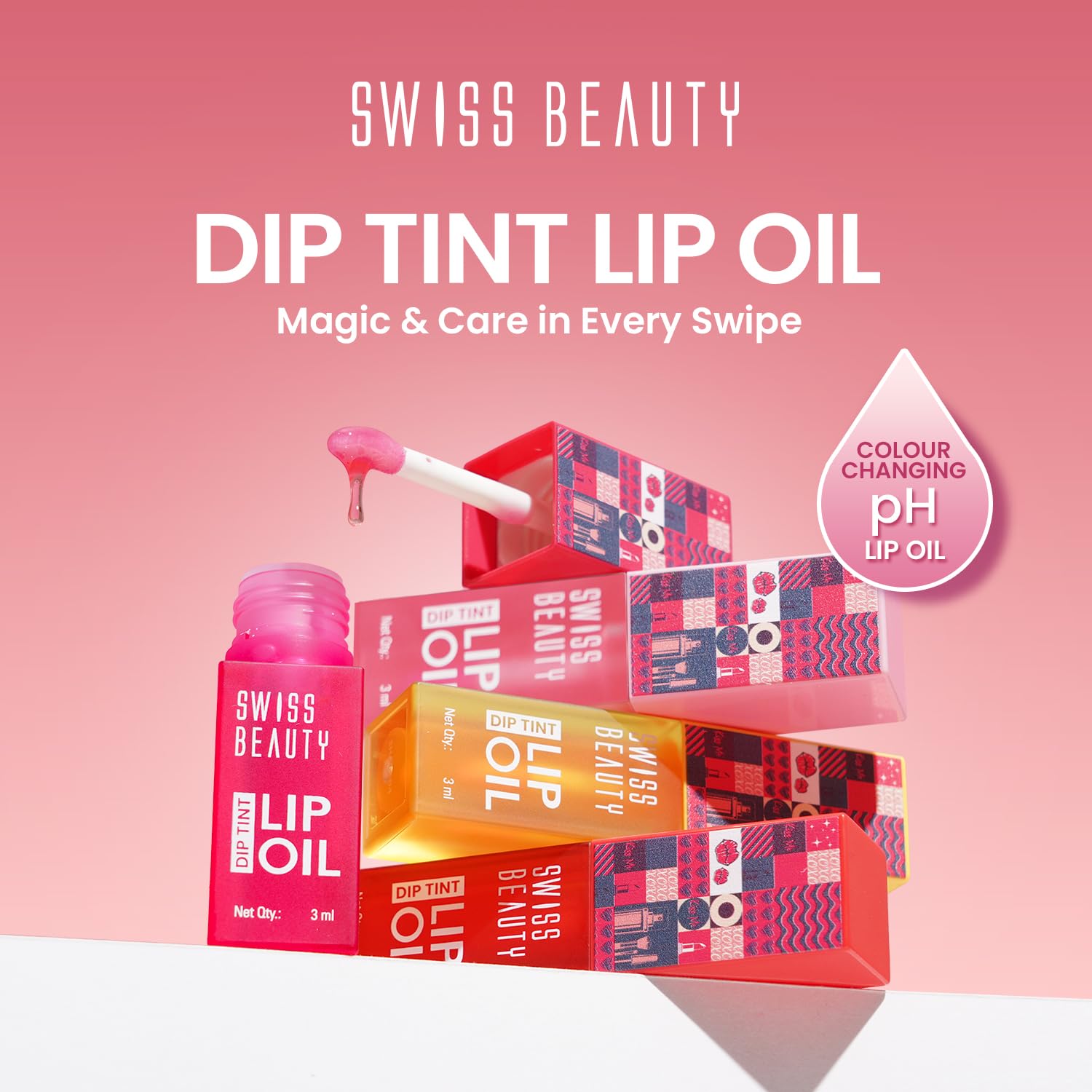 Swiss Beauty Dip Tint Lip Oil | Colour-Changing Lip Oil | Glossy Finish | Long-Lasting Moisturisation | Enriched with Vitamin E | Shade-01 Strawberry, 3ml