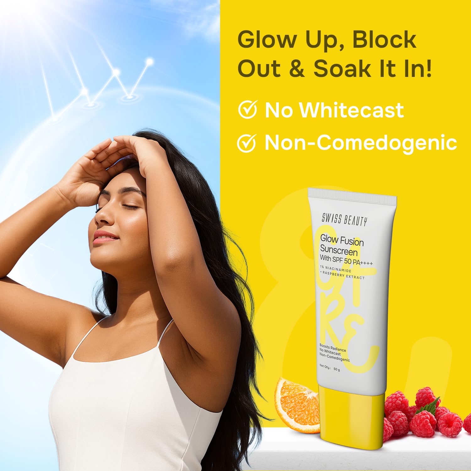 Swiss Beauty Care Glow Fusion Sunscreen SPF50 PA++++ | 1% Niacinamide & Raspberry Extract | Boosts Radiance | Fights Premature Signs Of Aging | 50gm