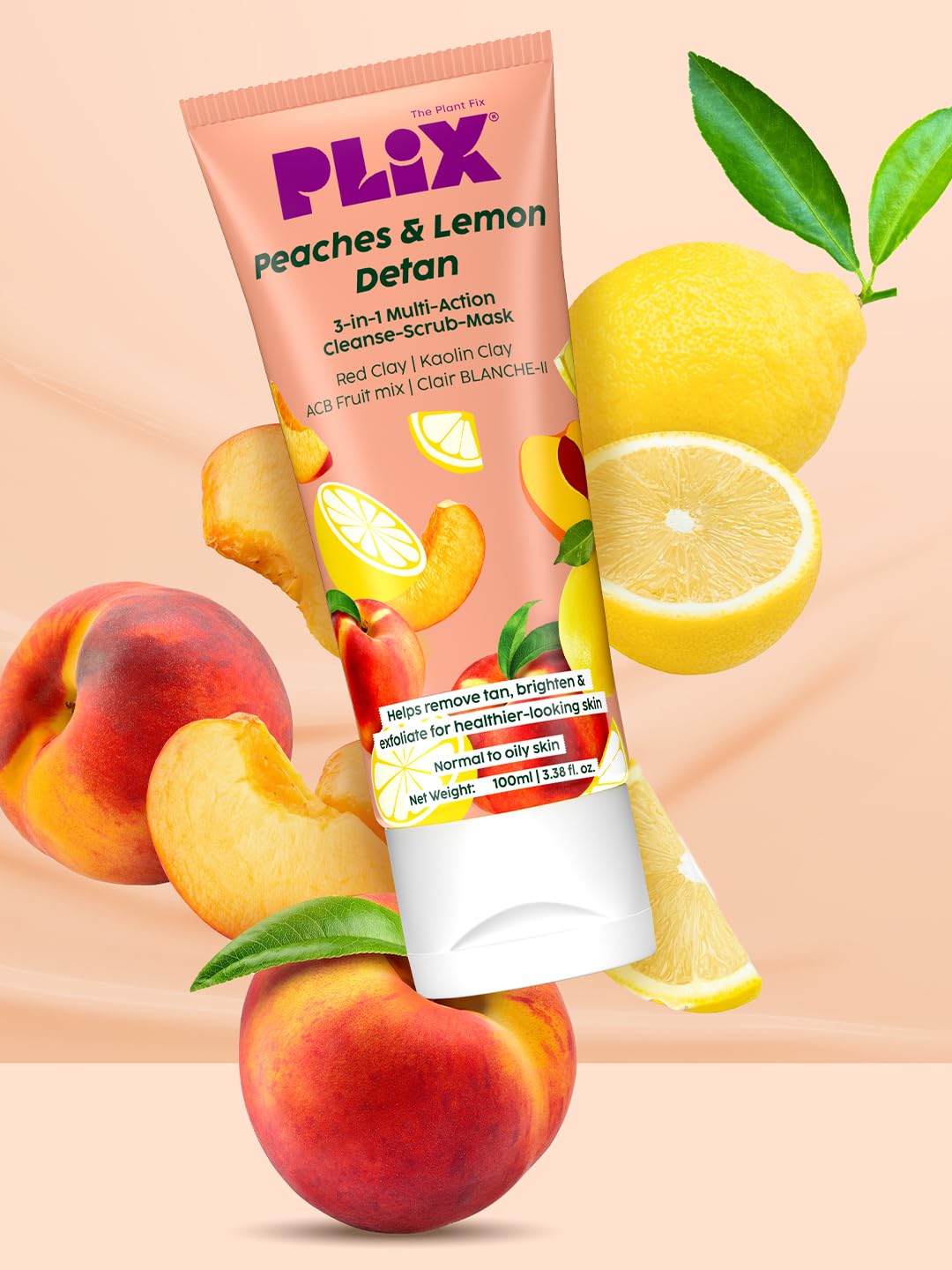 Plix - The Plant Fix Peaches & Lemon 3-in-1 Detan Face wash, Scrub & Mask