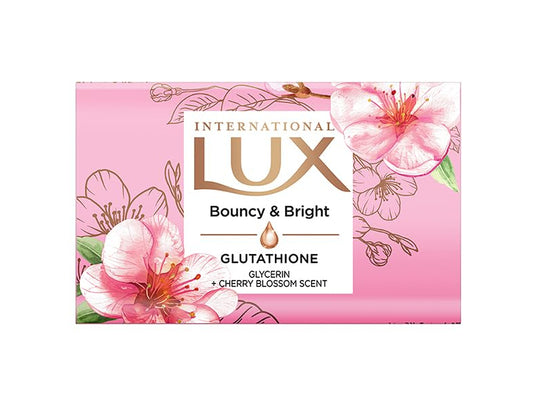 LUX International Bouncy & Bright Bathing Soap, 4 x 130g, LUXURIOUS BATHING EXPERIENCE, for Hydrated & Radiant Skin, with Glutathione & Glycerin, Improves Skin Texture, Cherry Blossom Fragrance