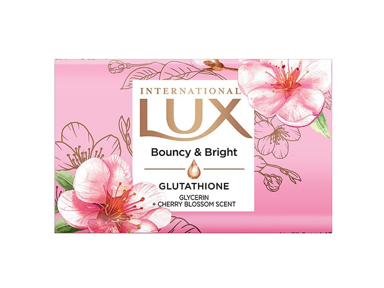 LUX International Bouncy & Bright Bathing Soap, 4 x 130g, LUXURIOUS BATHING EXPERIENCE, for Hydrated & Radiant Skin, with Glutathione & Glycerin, Improves Skin Texture, Cherry Blossom Fragrance