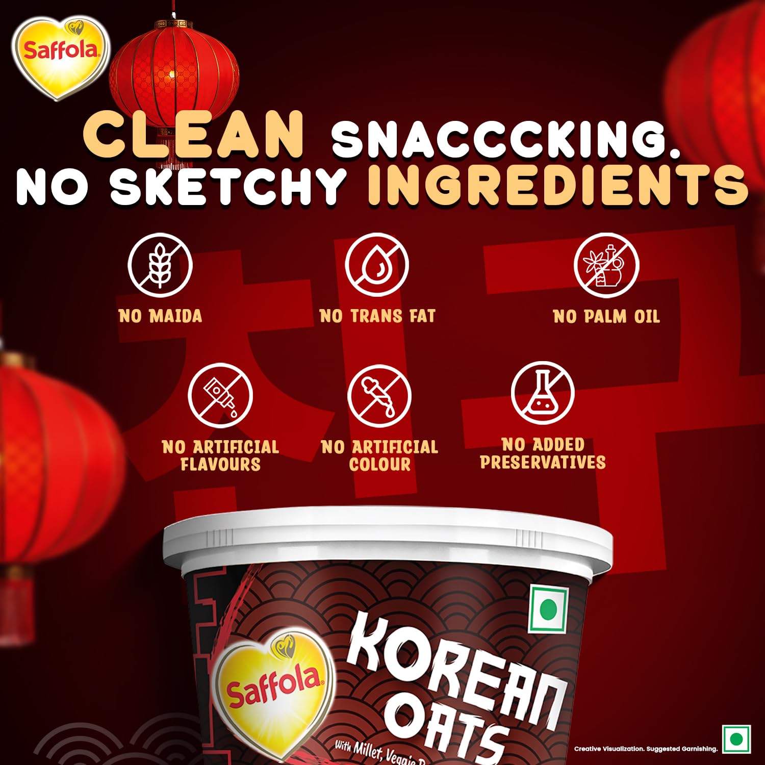 Saffola Korean Cuppa Oats, Fiery Hot, with chilli dressing sachet, No added preservatives, Ready in 4 mins, 56g (Pack of 2)
