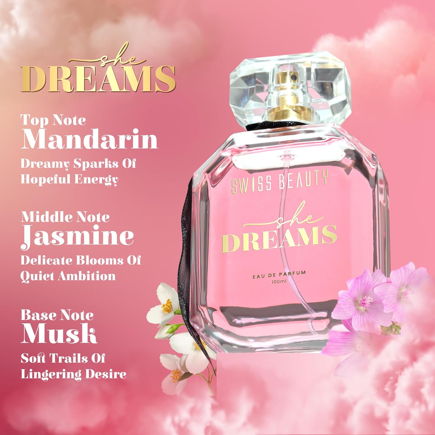 Swiss Beauty She Dreams EDP, 100ml | Long-Lasting | Ideal For Gifting | Everyday Wear | Top Note: Mandarin | Middle Notes: Jasmine & Tuberose | Base Note: Vanilla & Musk