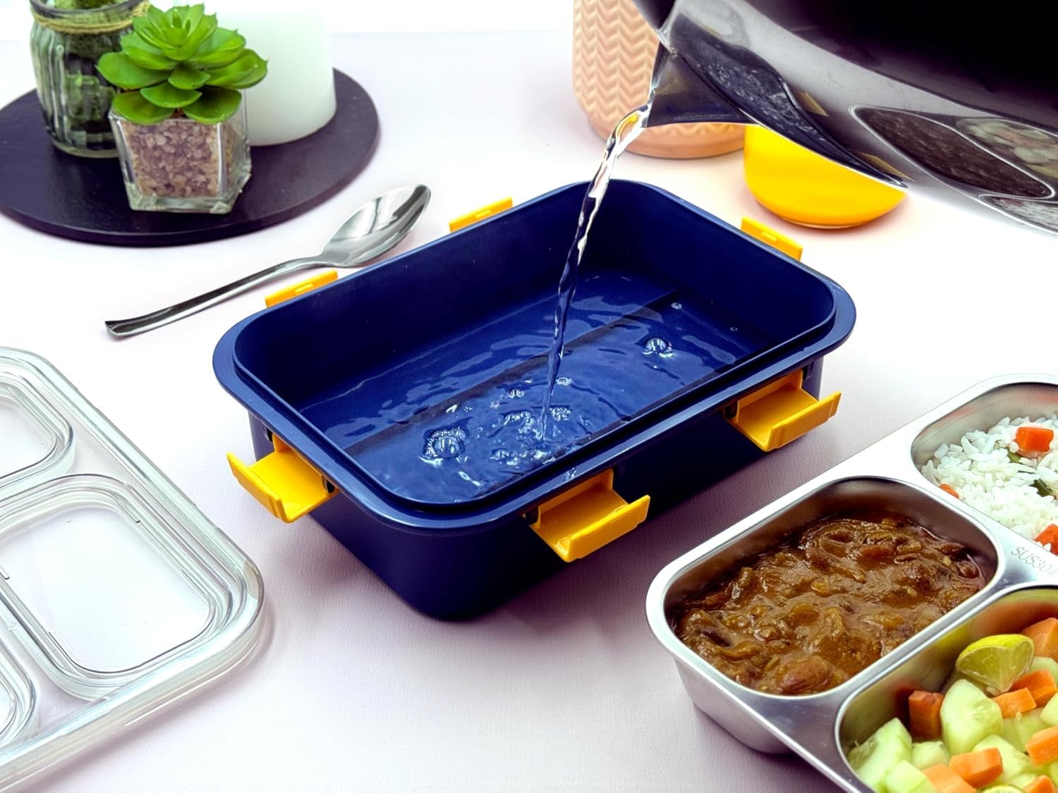 3-Compartment Stainless Steel Lunch Box for - Leakproof, Airtight Tiffin Box, 750ml, Pack of 1 (Blue) | Portion Control & Travel-Friendly