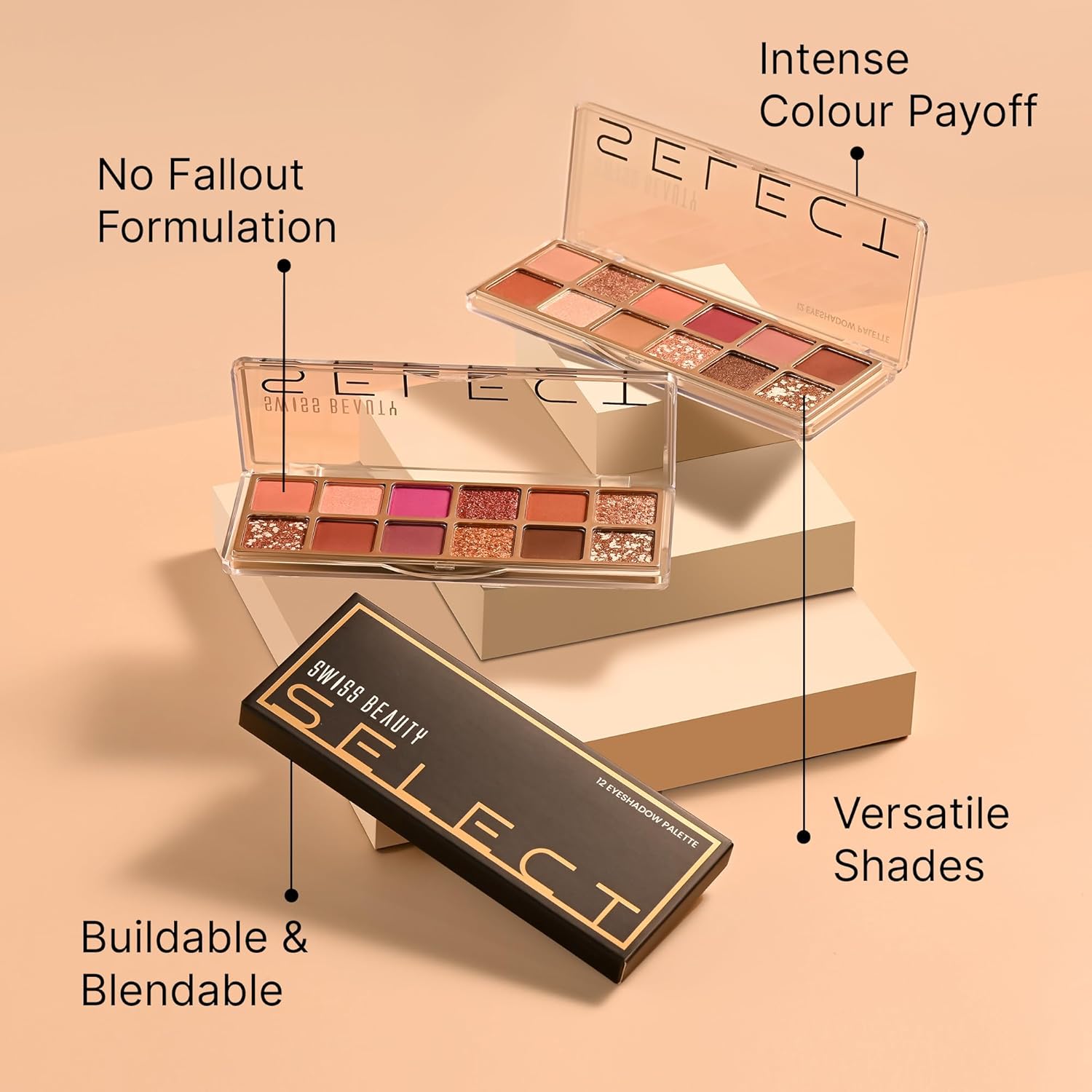 Swiss Beauty Select 12 shades Eyeshadow Palette | Mattes + Shimmers + Metallics | Shade - Slow Days, 10gm | 1 Count