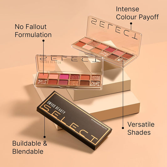 Swiss Beauty Select 12 shades Eyeshadow Palette | Mattes + Shimmers + Metallics | Shade - Slow Days, 10gm | 1 Count