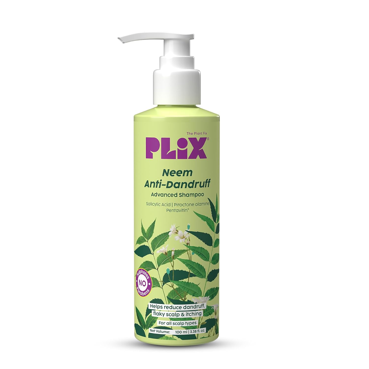 PLIX - THE PLANT FIX Neem Anti-Dandruff Advanced Shampoo | Piractone Olamine & Pentavitin® | Reduces Dandruff | Soothes Itchy Scalp | Moisturizes Scalp | Paraben & Sulphate Free | For Men & Women | 100ml