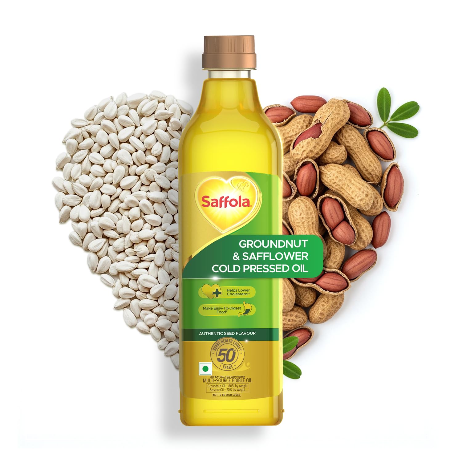 Saffola Cold Pressed Oil, Goodness of 2 - Groundnut & Safflower | Helps Lower Cholesterol, Make Easy-To-Digest Food | 1L Pet Bottle