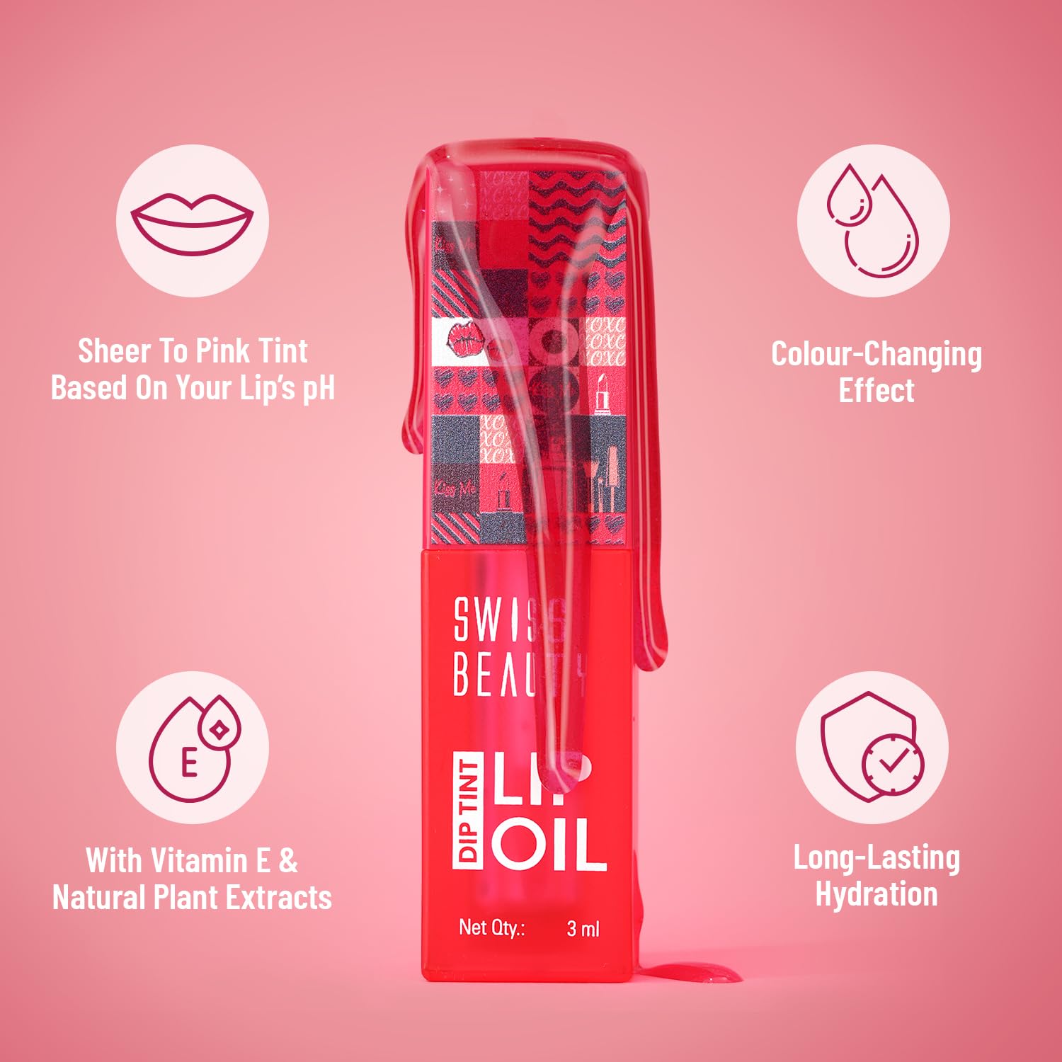 Swiss Beauty Dip Tint Lip Oil | Colour-Changing Lip Oil | Glossy Finish | Long-Lasting Moisturisation | Enriched with Vitamin E | Shade-01 Strawberry, 3ml